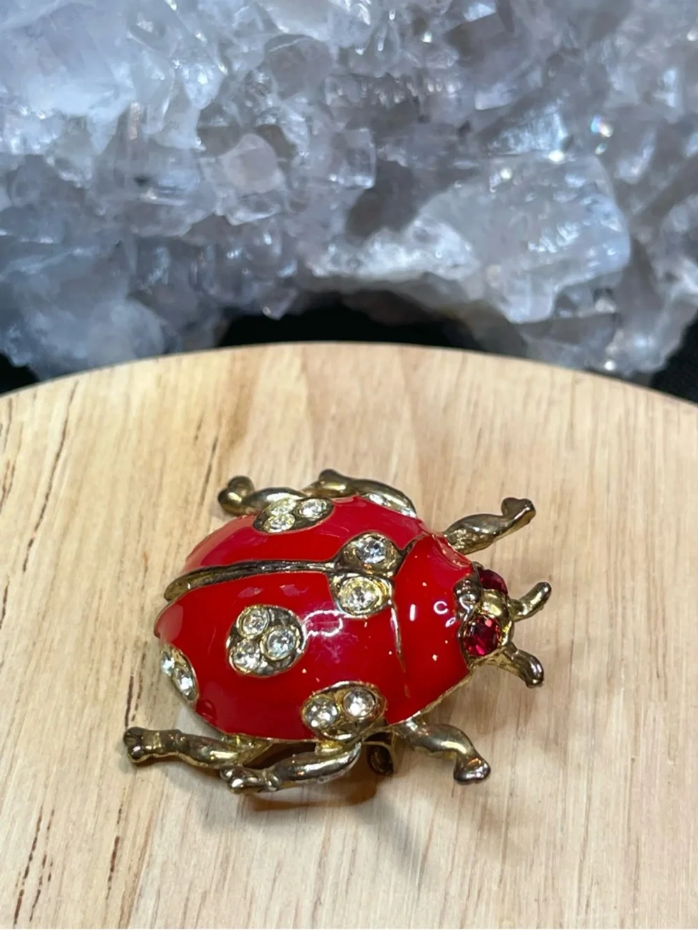 🌑 Red Enamel Rhinestone Ladybug Insect Brooch 🌑 - Picture 2 of 5